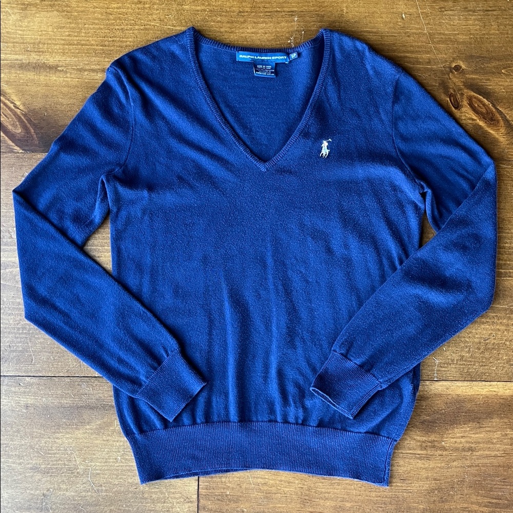 Ralph Lauren Sport Navy V-neck Cotton Sweater Sz PS